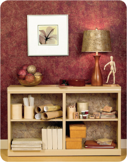 Walls using faux finish effect Script Tuscan Red; Lamp Shade & Book Shelf using Script Burnished Gold